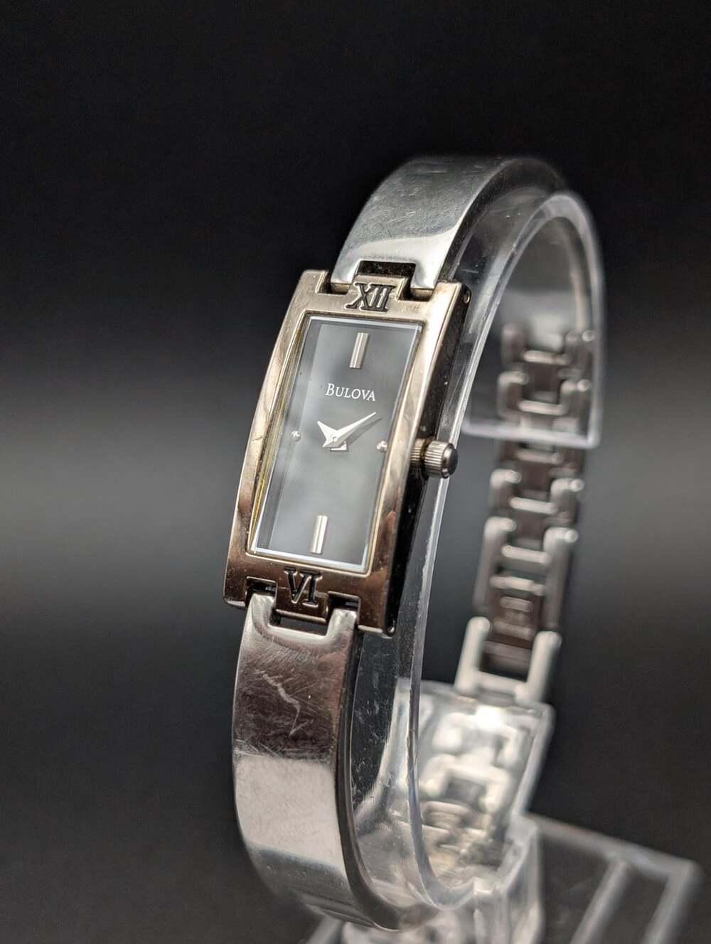 Vintage Bulova Silver-Tone Quartz Ladies Watch, Elegant Bangle Link Bracelet